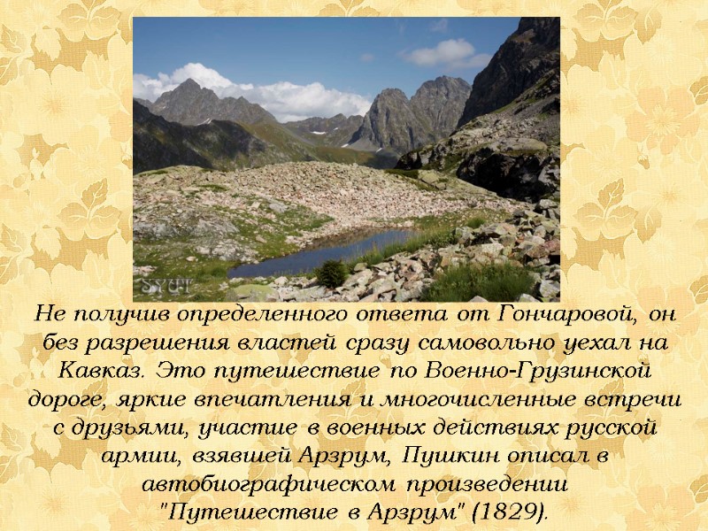 Не получив определенного ответа от Гончаровой, он без разрешения властей сразу самовольно уехал на